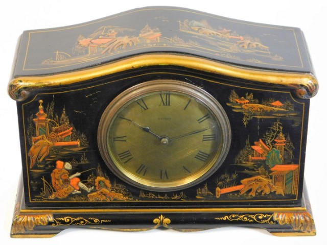 An Asprey mantle clock with Chinoiserie lacquered decor & gilded dial, winds & runs, 9.25in wide x 6