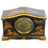 An Asprey mantle clock with Chinoiserie lacquered decor & gilded dial, winds & runs, 9.25in wide x 6