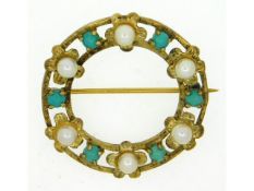 A yellow metal brooch set with pearl & turquoise, tests electronically as 18ct gold, 27mm diameter,