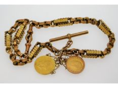An antique 9ct gold Albert chain set with George V 1913 full & 1914 half gold sovereigns, total weig