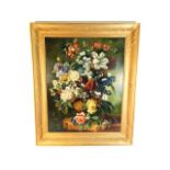 A large gilt framed oil on panel still life painti