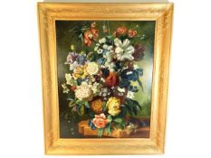 A large gilt framed oil on panel still life painti