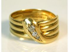 An antique, 18ct gold snake style ring set with three small diamonds, possibly Georgian 1803, 6.5g s