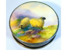 A Saunders & Mackenzie enamelled 1927 Birmingham silver box featuring sheep decor, signed E. Barker,