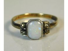 A 1931 9ct gold ring with silver set with white stones & opal, 1.5g, size K/L