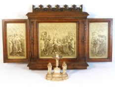 A oak religious triptych, 24in wide x 13.625in hig