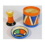 A Clarice Cliff Bizarre geometric pot lacking cove