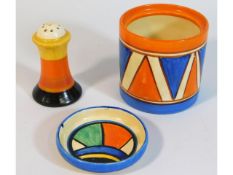 A Clarice Cliff Bizarre geometric pot lacking cove