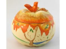 A Clarice Cliff preserve pot & cover, 3.5in tall