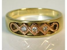 A 9ct gold band with rose gold set small diamonds,