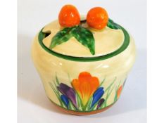 A Clarice Cliff Bizarre crocus marmalade pot & cov