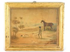 A gilt framed 18thC. watercolour of man & horse with dogs hunting a hare signed F. Nash, dated 1796,