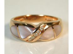 A 14ct pink gold Rubin Arthur ring set with mother of pearl & diamond, size O/P, 5.7g