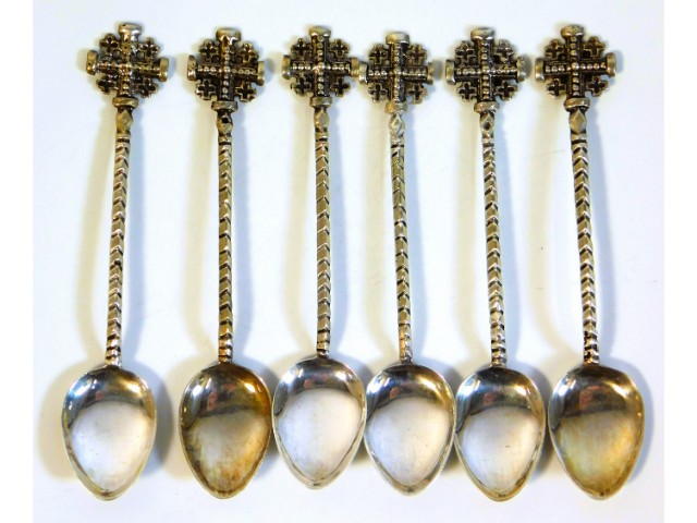 Six white metal coffee spoons, test as silver, 57g, marked Jerusalem .950