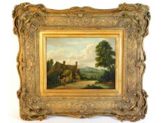 An 18thC. oil on panel of village landscape set wi