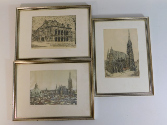 Three framed signed antique prints including one o