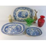 Three blue & white transferware dishes including a