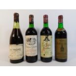 Four bottles of red wine: La Tache 1969; La Rose Paulliac 1972; Chateau Quentin 1972; Chateau Belle