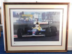 A large framed limited edition print of Nigel Mansell's Red Five William's titled "Out In Front", 48