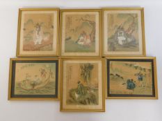 Six framed antique Oriental pictures, image sizes