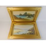 A gilt framed pair of coastal images, probably Cornwall, signed F Leyton, image size 19.25in x 9.5in