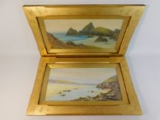 A gilt framed pair of coastal images, probably Cornwall, signed F Leyton, image size 19.25in x 9.5in