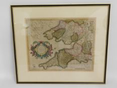 A 17thC. framed map of South West England & Cornwa