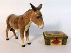 A Beswick donkey, 5.5in tall twinned with a continental porcelain box with gilding & decorative pane