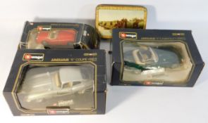 Three Burago diecast model cars, a Jaguar Cabriole