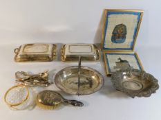 Two plated tureens, a silver backed hair brush & o