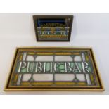 A coloured leaded glass "man cave" Public Bar sign, 27.75in x 15in, twinned with a small Guinness mi