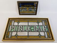 A coloured leaded glass "man cave" Public Bar sign, 27.75in x 15in, twinned with a small Guinness mi