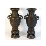 A pair of bronze Japanese vases, 14.5in tall