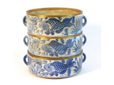 Three 20thC. Chinese porcelain jubako boxes with fish decor, lacking lid, 6in diameter x 6.25in tall