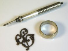 A .925 silver pencil, a silver ring & a white metal initial, 12.5g