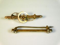 Two yellow metal bar brooches, both test electroni