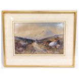 A framed watercolour of figures on path heading to