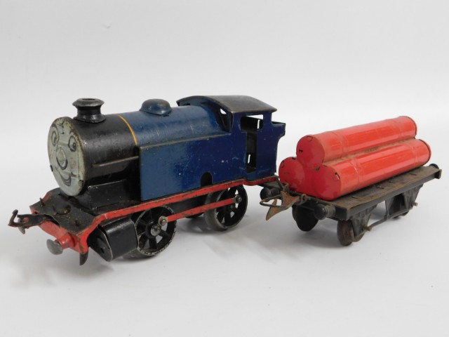 A Thomas The Tank Engine style tin plate clockwork O gauge engine & Hornby wagon