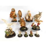 Eleven Country Artists owl models, largest 9.5in t