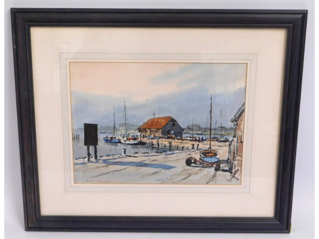 A framed Josiah J. Sturgeon watercolour of docksid