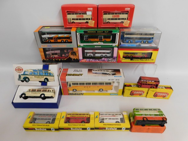 Six boxed Budgie buses, one play worn, one boxed T