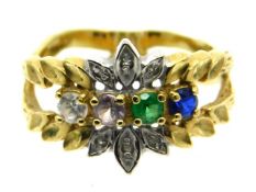 A 10ct gold ring set with four colour stones, 3.5g