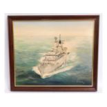 A framed oil painting of HMS Brave by A. Myers dat