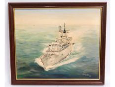 A framed oil painting of HMS Brave by A. Myers dat