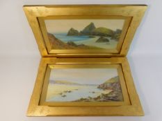 A pair of gilt coastal images, probably Cornwall,