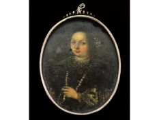 A 17thC. Spanish miniature oil portrait of an Infanta, wearing brown dress with lace collar & cuffs