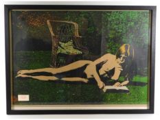 A framed hand signed limited edition 19/20 David Inshaw 1972 silkscreen print "Julies Lips Girl Read