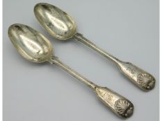 A pair of 1836 William IV London silver table spoons by William Eaton with Kings pattern style decor