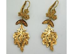 A pair of gold leaf shaped earrings, 36mm drop, electronically test as 20ct, 3.1g