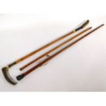 A 32.75in long cane riding crop with horn handle with inscribed collar, twinned with a swagger stick